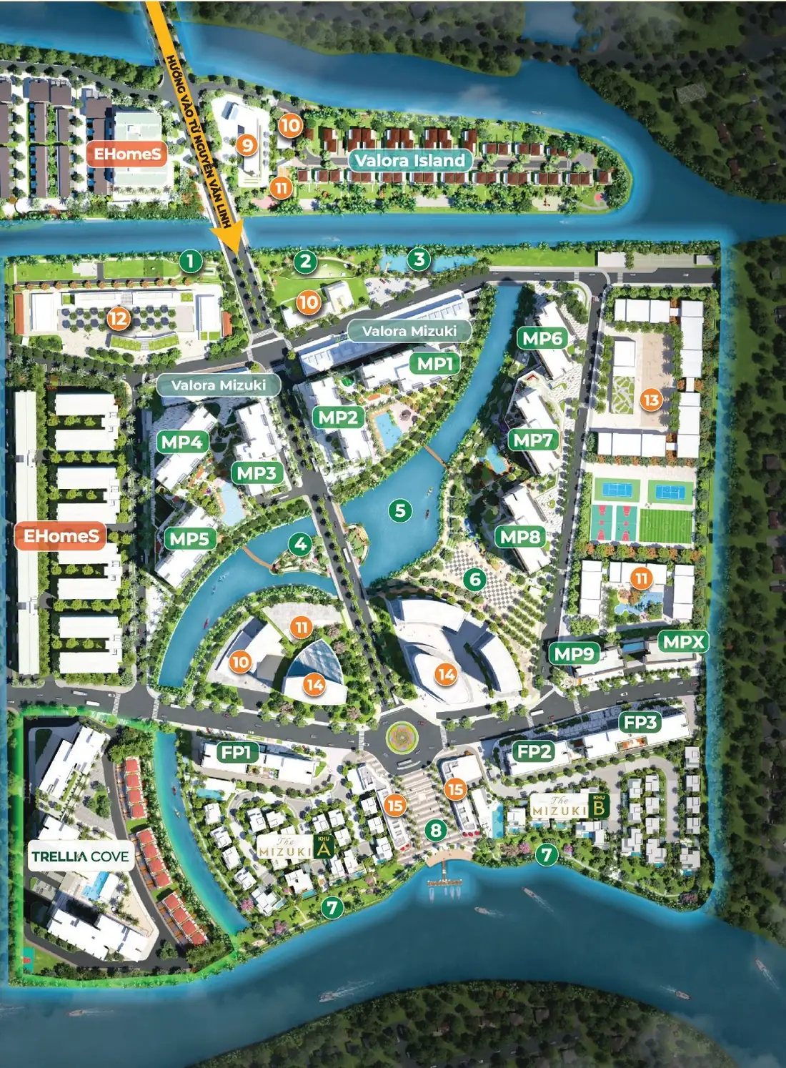 Mặt bằng tổng thể khu đô thị Mizuki Park 26 ha đánh số 15 hạng mục, phân khu Trellia Cove ở góc ven sông