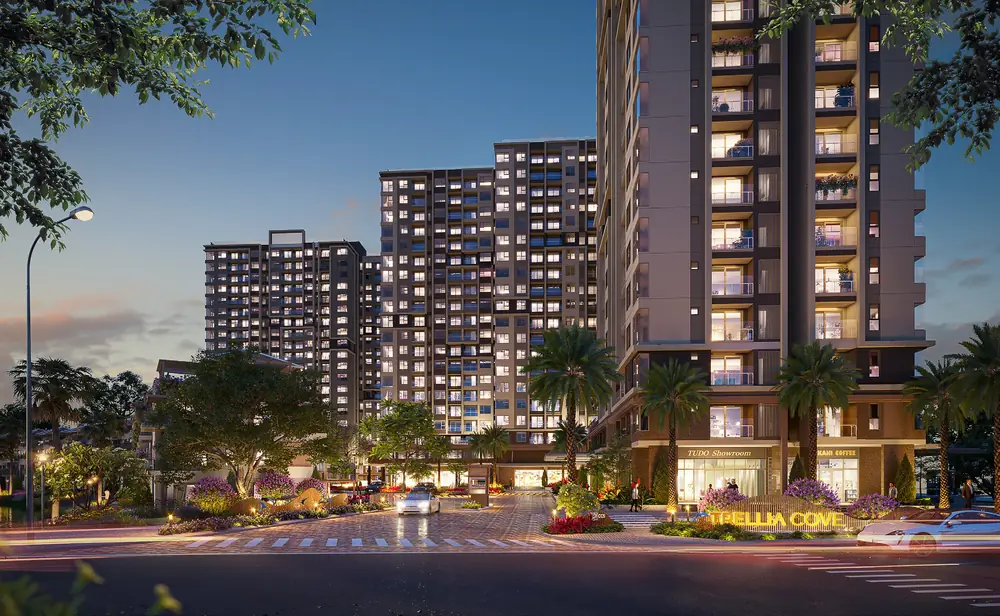 Cổng chính Trellia Cove và các tháp căn hộ lên đèn về đêm