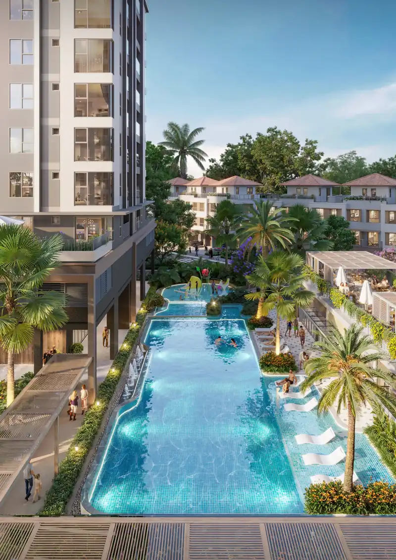 Hồ bơi nội khu Trellia Cove dưới chân tháp căn hộ, hàng cọ hai bên
