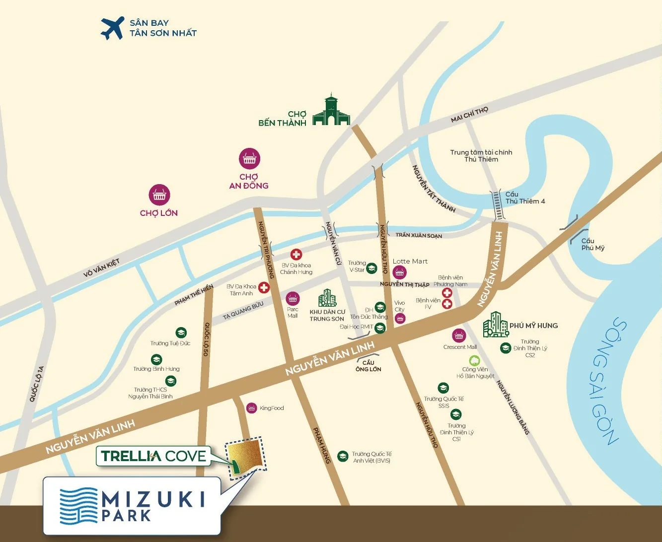 Bản đồ vị trí Trellia Cove – Mizuki Park trên trục Nguyễn Văn Linh, gần Phú Mỹ Hưng, Nam Sài Gòn