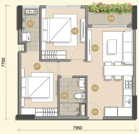 Layout căn hộ mẫu A Trellia Vista, 2 phòng ngủ, 1 WC, diện tích tim tường 59,25 m²