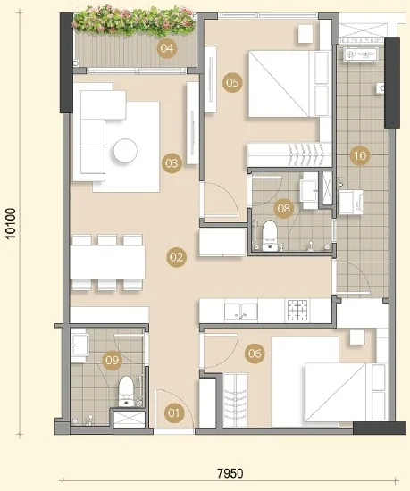 Layout căn hộ mẫu B2 Trellia Vista, 2 phòng ngủ, 2 WC, diện tích tim tường 77,15 m²