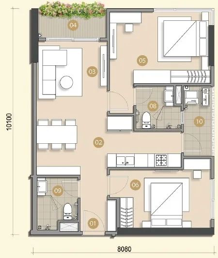 Layout căn hộ mẫu B3 Trellia Vista, 2 phòng ngủ, 2 WC, diện tích tim tường 79,37 m²