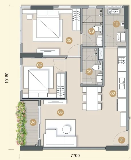 Layout căn hộ mẫu B5a Trellia Vista, 2 phòng ngủ, 2 WC, diện tích tim tường 76,09 m²