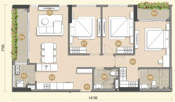 Layout căn hộ mẫu C1 Trellia Vista, 3 phòng ngủ, 2 WC, diện tích tim tường 105,93 m²