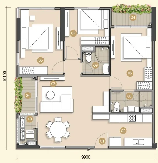 Layout căn hộ mẫu C2 Trellia Vista, 3 phòng ngủ, 2 WC, diện tích tim tường 97,41 m²