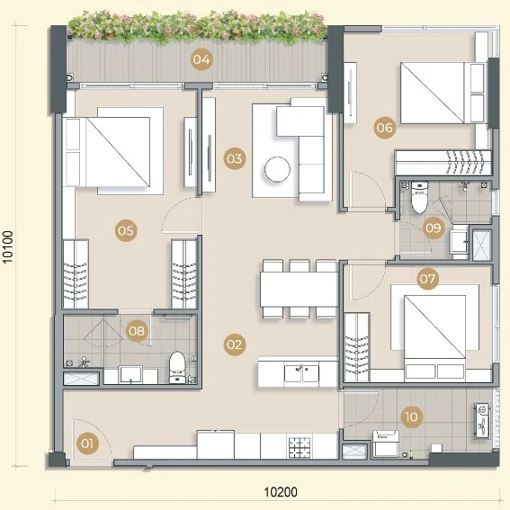 Layout căn hộ mẫu C3 Trellia Vista, 3 phòng ngủ, 2 WC, diện tích tim tường 100,38 m²