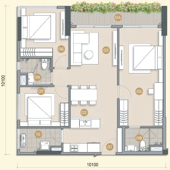 Layout căn hộ mẫu C4 Trellia Vista, 3 phòng ngủ, 2 WC, diện tích tim tường 99,38 m²
