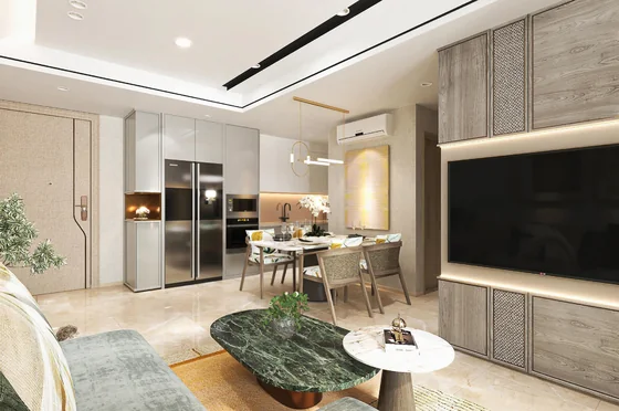 Phối cảnh nội thất tham khảo phòng khách liền bếp ăn căn hộ mẫu B5a