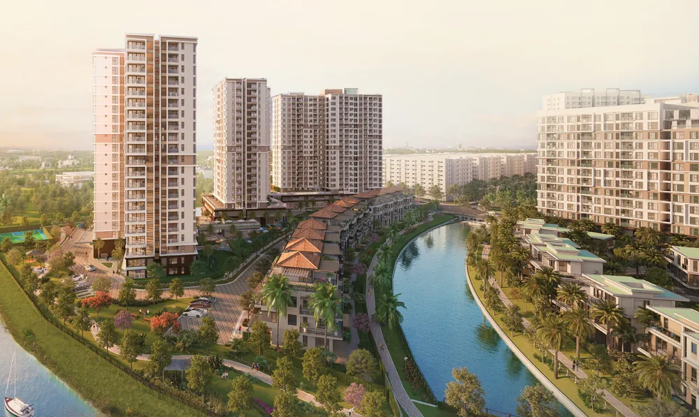 Phân khu Trellia Cove: 3 tháp căn hộ, tháp TC3 Trellia Vista sát sông, dãy nhà phố ven kênh trong Mizuki Park