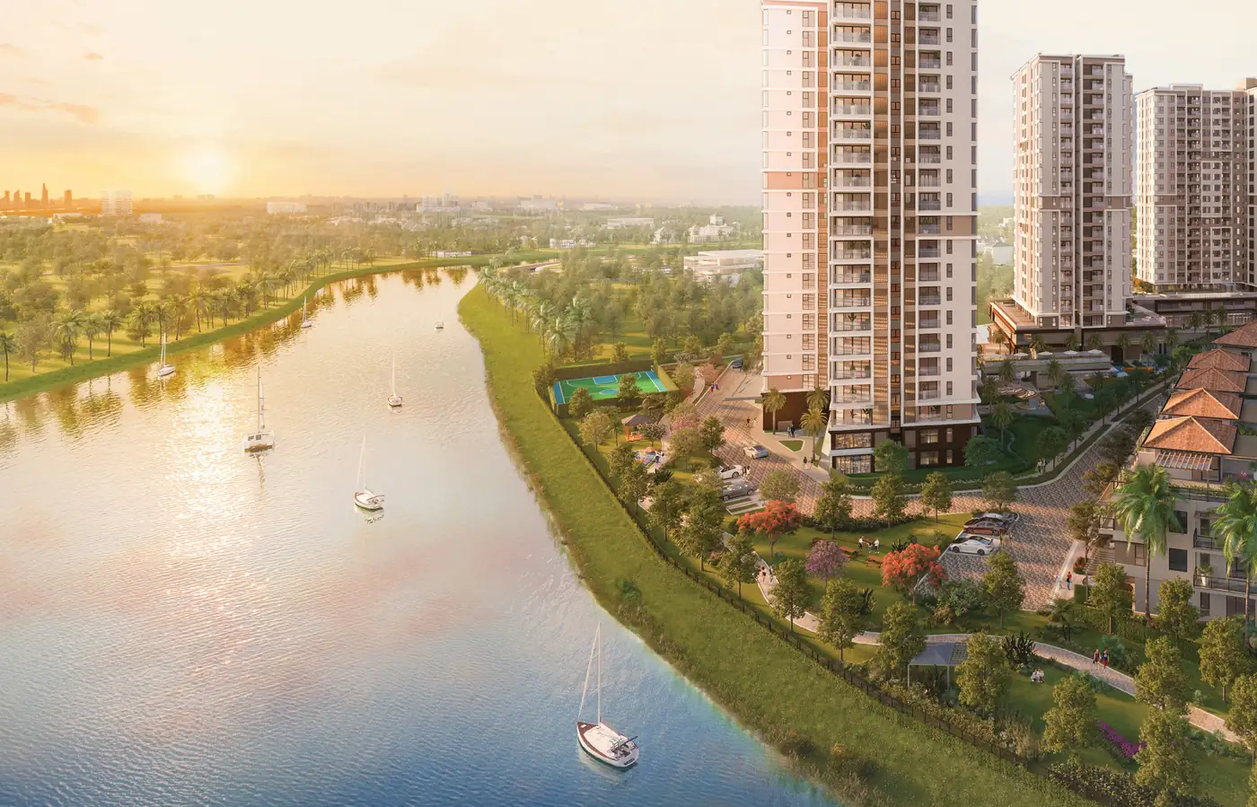 Dòng sông lúc hoàng hôn trước phân khu Trellia Cove, tháp Trellia Vista sát mặt nước