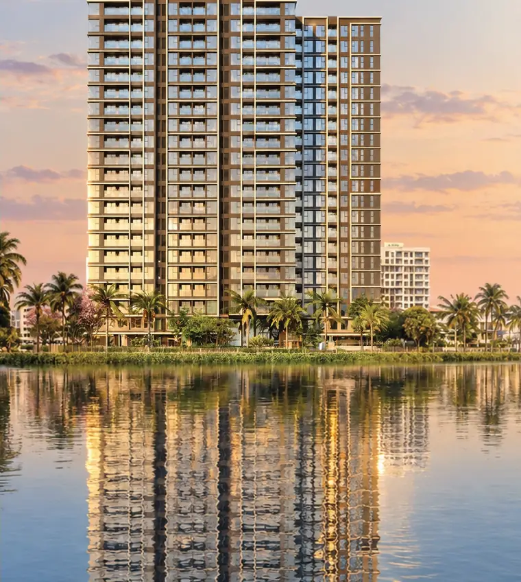 Trellia Vista – tòa tháp bên sông duy nhất tại Mizuki Park, bóng tháp in trên mặt nước lúc hoàng hôn