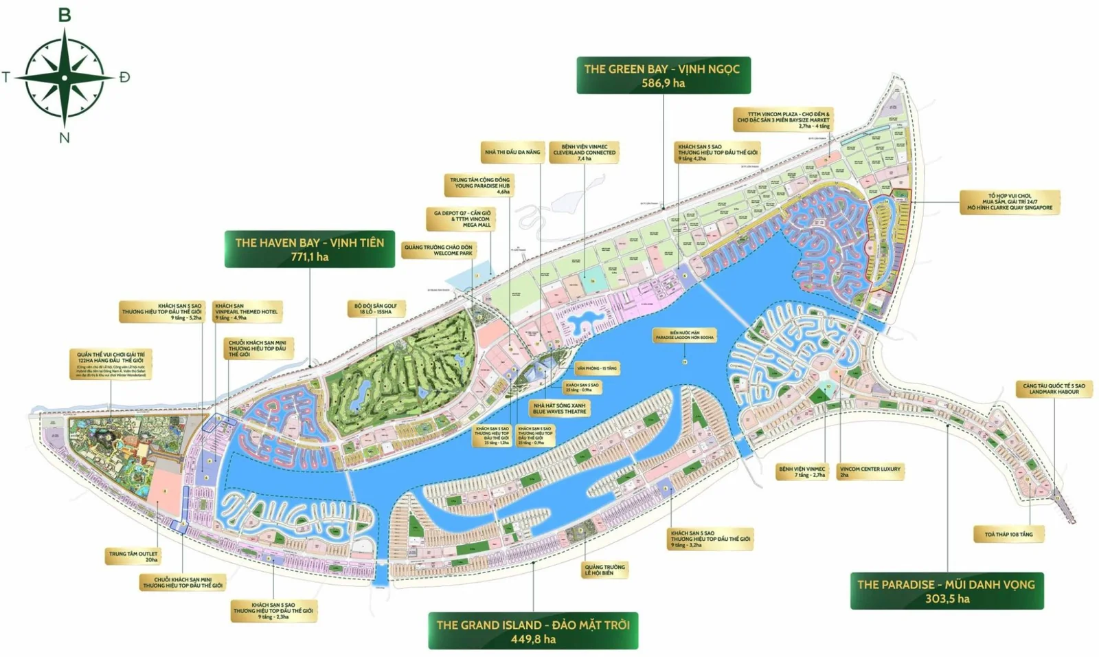 Tổng mặt bằng Vinhomes Green Paradise: 4 phân khu The Haven Bay, The Green Bay, The Paradise và The Grand Island