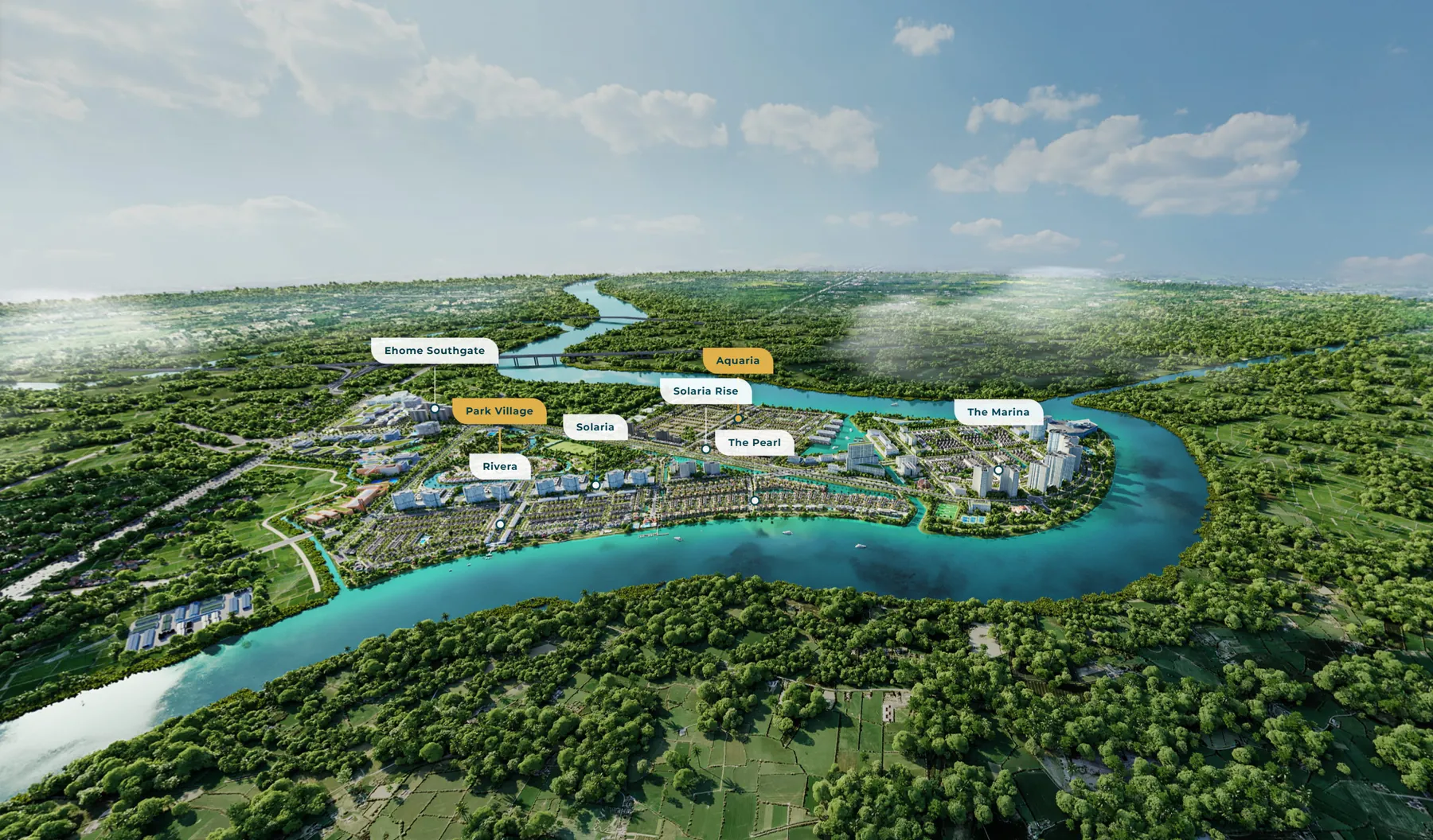 Phối cảnh nghiêng khu đô thị Waterpoint 355 ha bên sông Vàm Cỏ Đông, ghi vị trí các phân khu Aquaria, Park Village, Rivera, Solaria, The Pearl, The Marina, Ehome Southgate