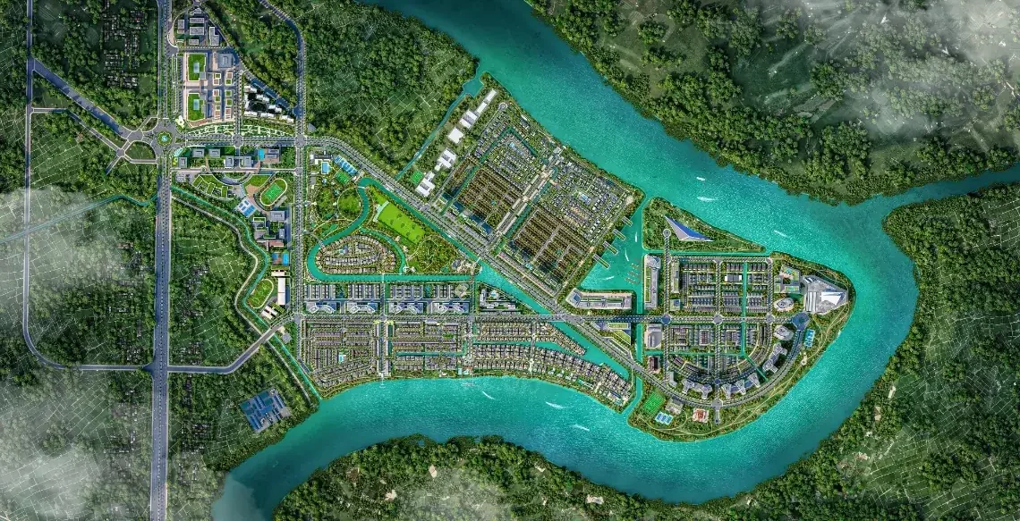 Mặt bằng tổng thể Waterpoint 355 ha nhìn từ trên xuống: bán đảo ba mặt sông Vàm Cỏ Đông với các phân khu Aquaria, Park Village, Rivera, The Marina, Southgate
